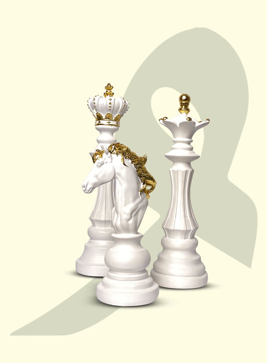 Chess Pieces Decorative Sculptures – White &amp; Gold Collection