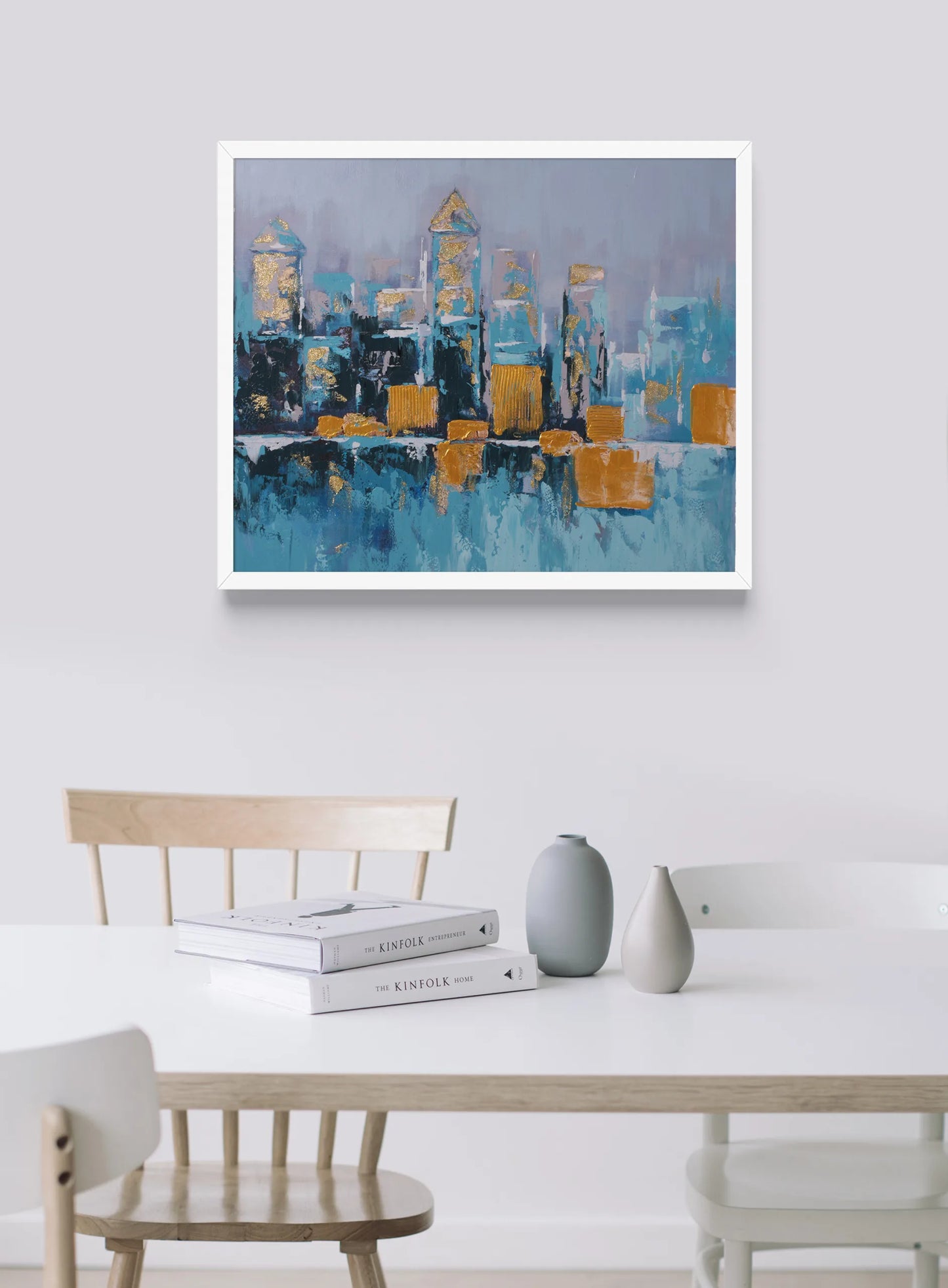 City Lights Wall Painting Tablo – Blue & Gold Skyline