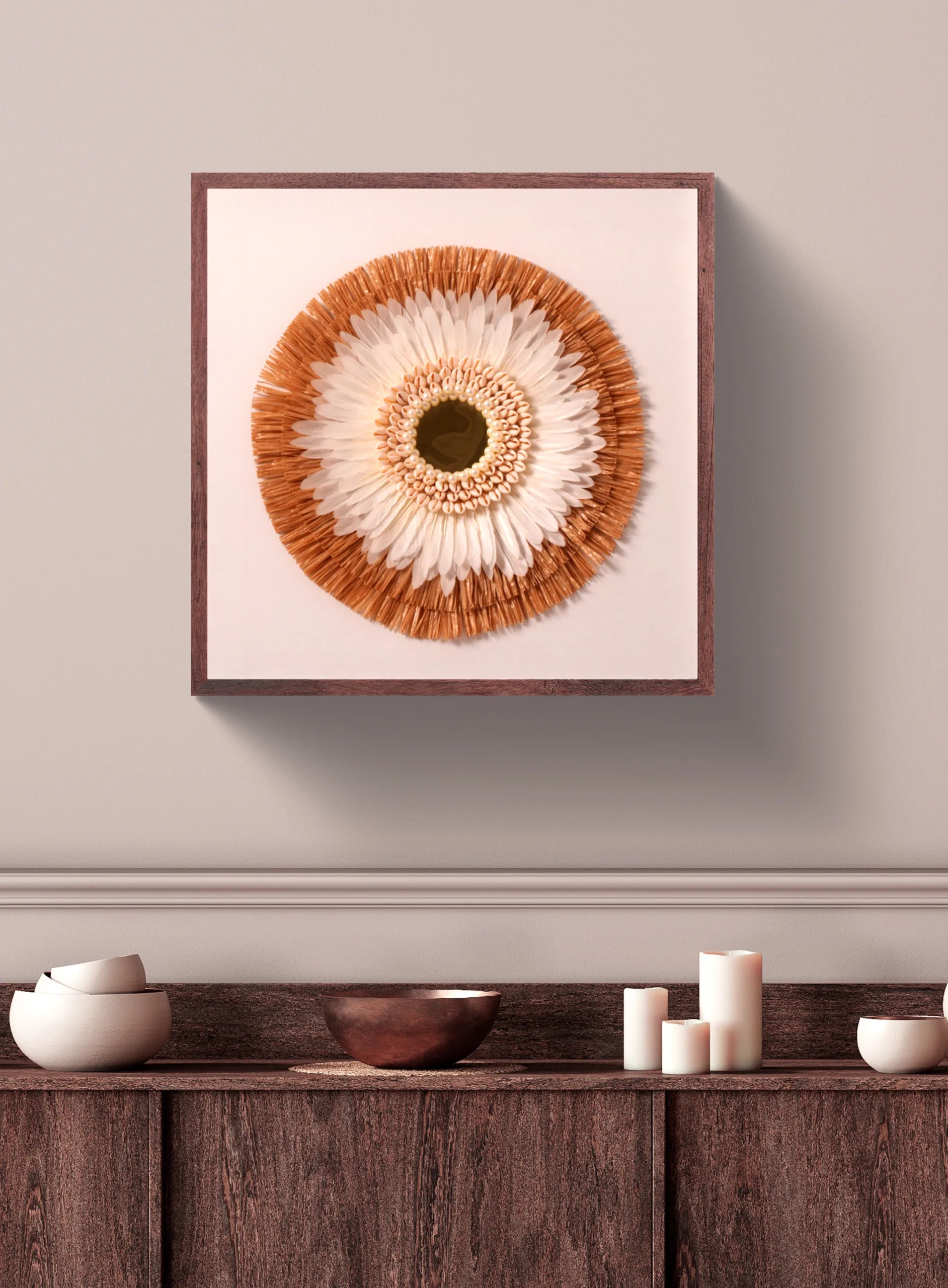 Natural Bloom Wall Frame – Shell & Feather Flower Design